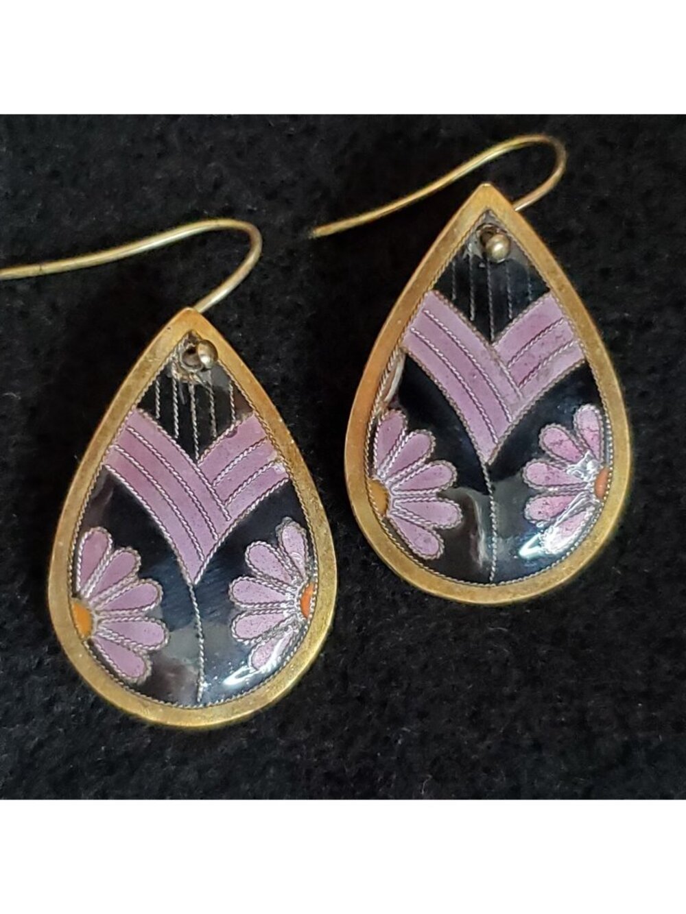 Vintage Enamel Earrings Floral Black Purple Gold Tone Artisan Dangle 1 1/8"